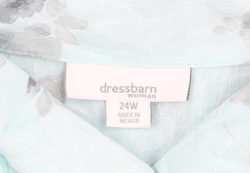 Dressbarn Women Blue Floral Rayon Short Sleeve Button-Up Top Size 24