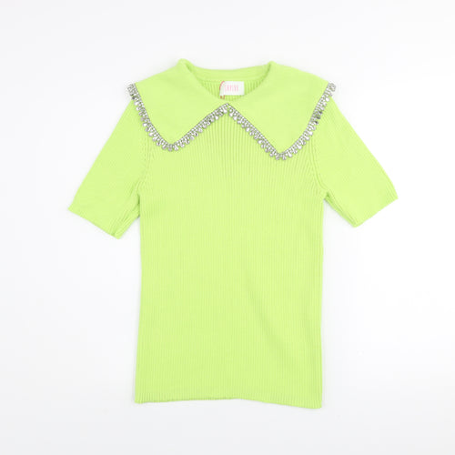 Savida Womens Green Beaded Collar Short Sleeve Knit Top Size 12