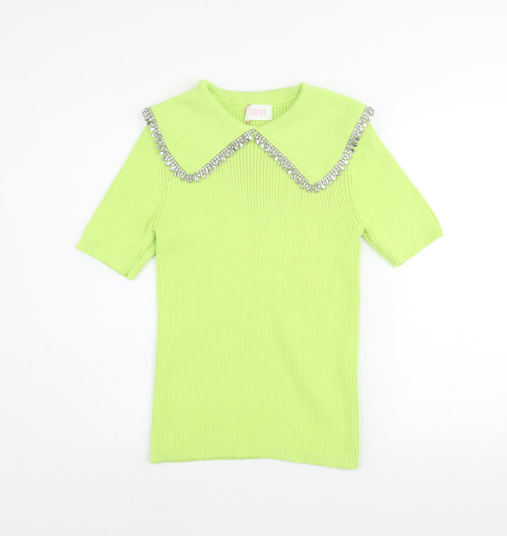 Savida Womens Green Beaded Collar Short Sleeve Knit Top Size 12