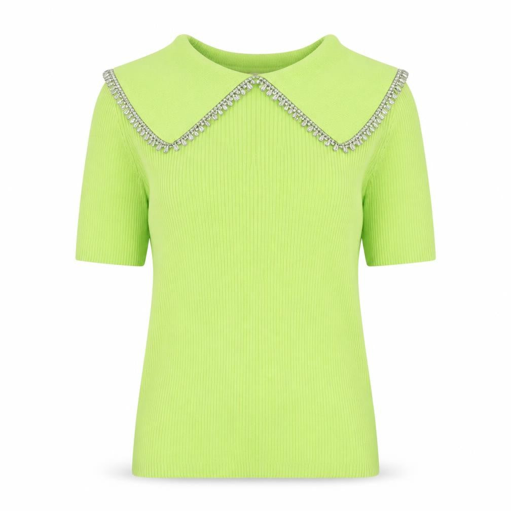 Front view of Savida women’s green beaded collar short sleeve knit top, size UK 12