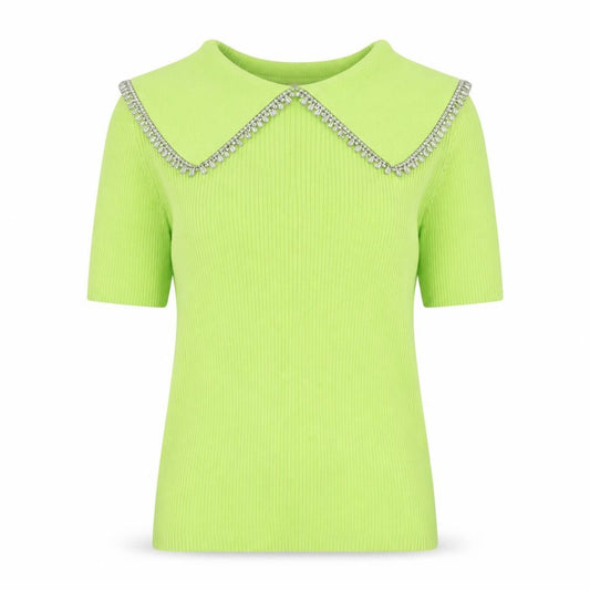 Front view of Savida women’s green beaded collar short sleeve knit top, size UK 12
