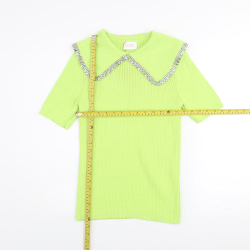 Savida Womens Green Beaded Collar Short Sleeve Knit Top Size 12