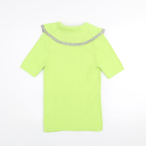 Savida Womens Green Beaded Collar Short Sleeve Knit Top Size 12