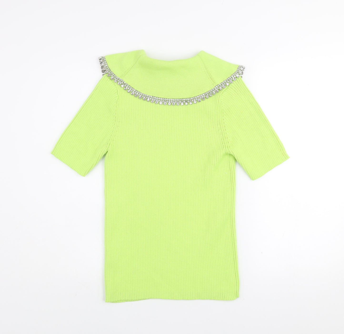 Savida Womens Green Beaded Collar Short Sleeve Knit Top Size 12