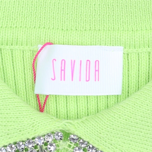 Savida Womens Green Beaded Collar Short Sleeve Knit Top Size 12