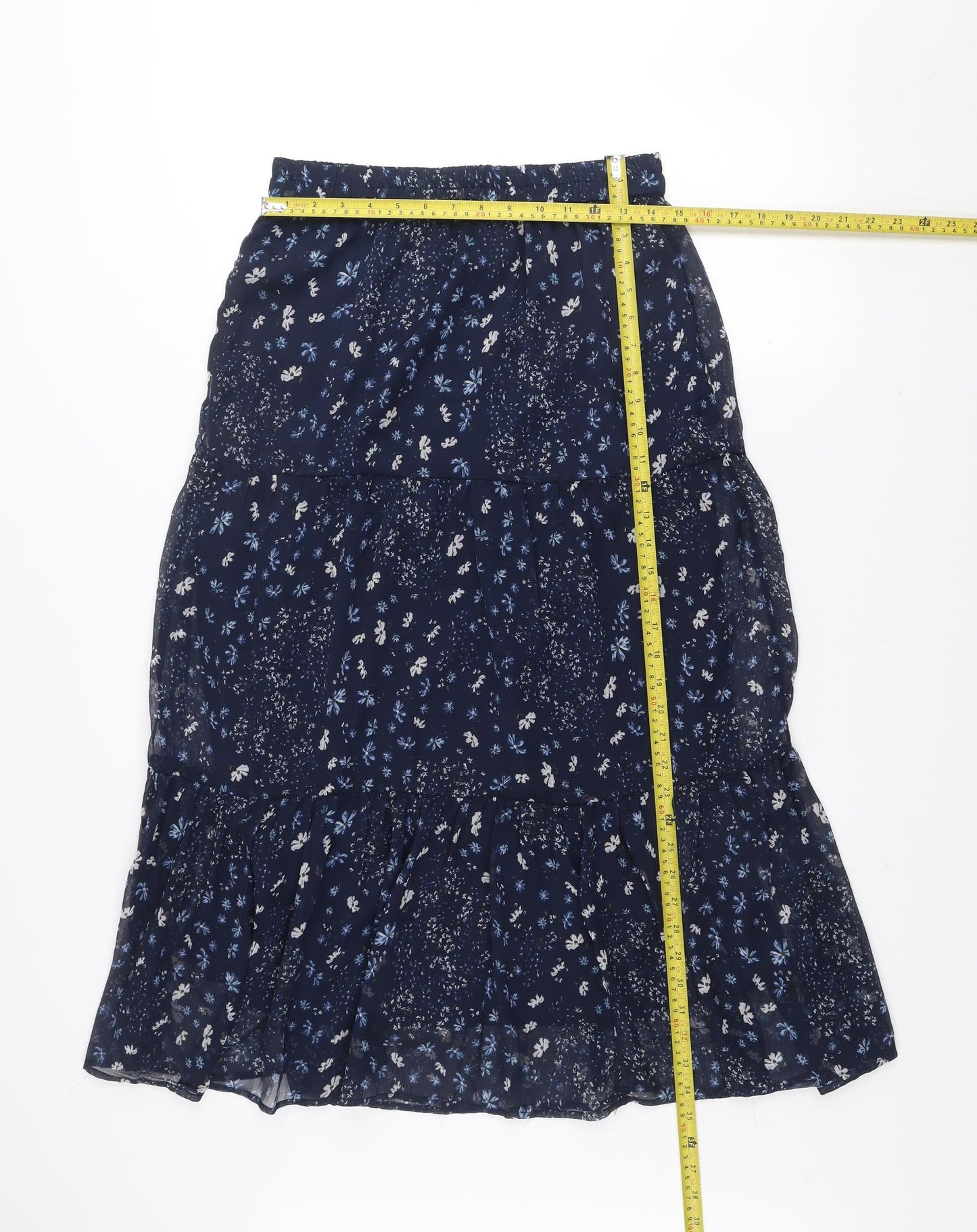 ONLY Women Navy Blue Floral Midi A-Line Skirt Size 10 Polyester