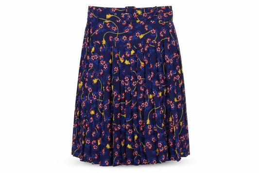 Front view of Savida women’s blue floral pleated knee length skirt, size UK 12