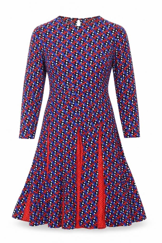 Front view of Savida Women's Multicoloured Geometric A-Line Dress, size 10