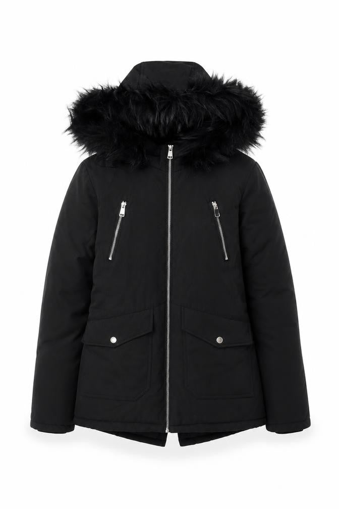 Front view of Primark women’s black fur trim hooded parka jacket 2xs