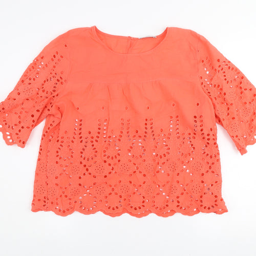 Gallery Women's Orange Eyelet Cotton Blouse UK L 3/4 Sleeve Tunic Style