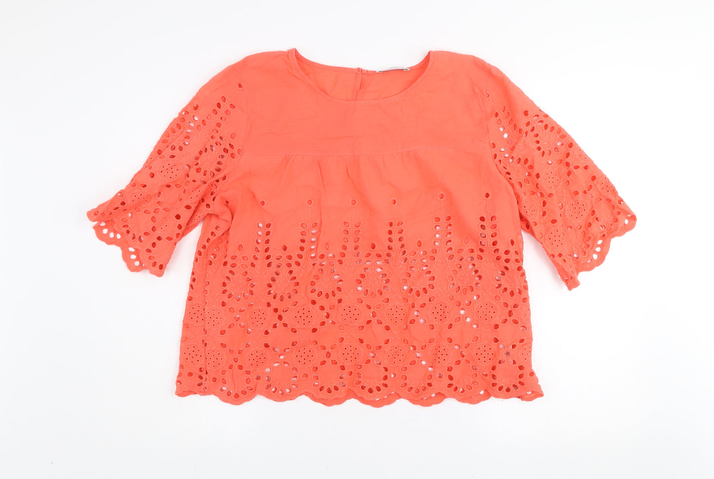 Gallery Women's Orange Eyelet Cotton Blouse UK L 3/4 Sleeve Tunic Style