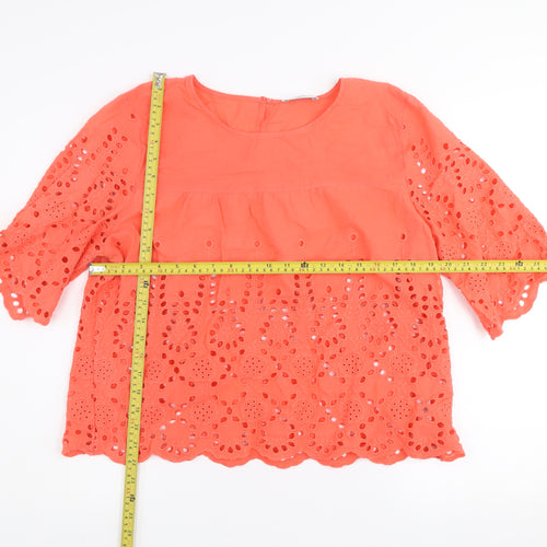 Gallery Women's Orange Eyelet Cotton Blouse UK L 3/4 Sleeve Tunic Style