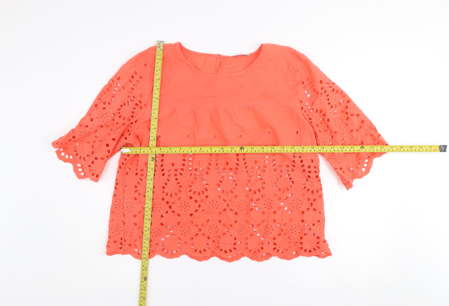 Gallery Women's Orange Eyelet Cotton Blouse UK L 3/4 Sleeve Tunic Style