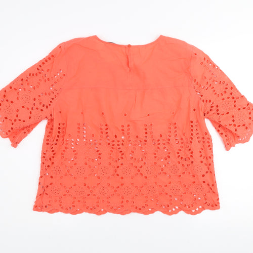 Gallery Women's Orange Eyelet Cotton Blouse UK L 3/4 Sleeve Tunic Style