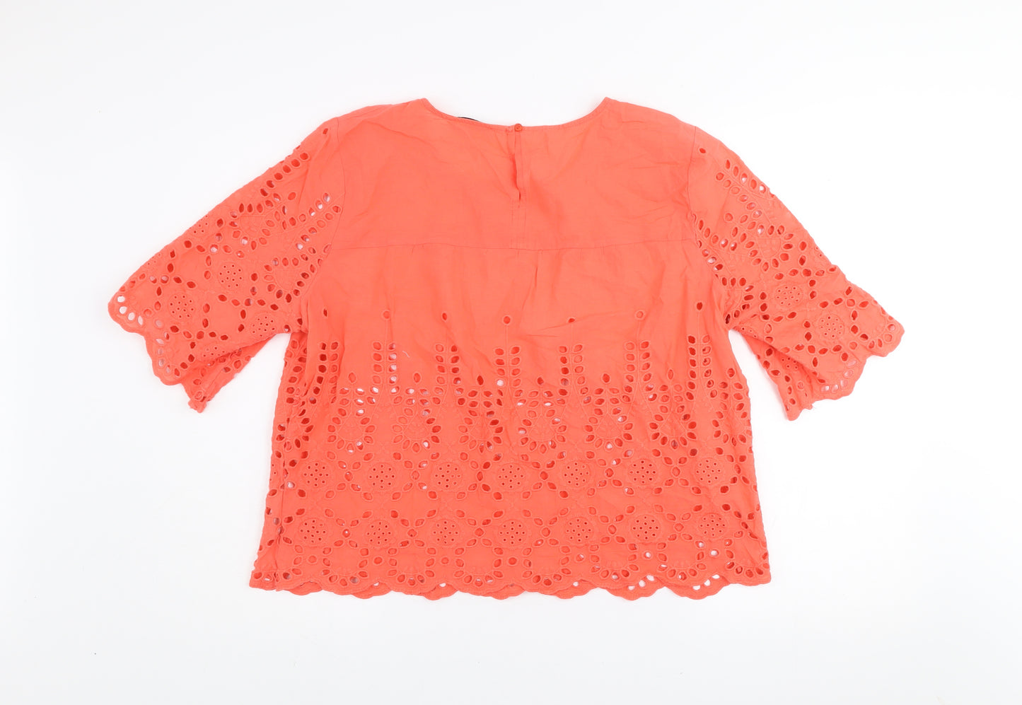 Gallery Women's Orange Eyelet Cotton Blouse UK L 3/4 Sleeve Tunic Style