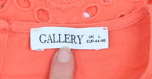 Gallery Women's Orange Eyelet Cotton Blouse UK L 3/4 Sleeve Tunic Style