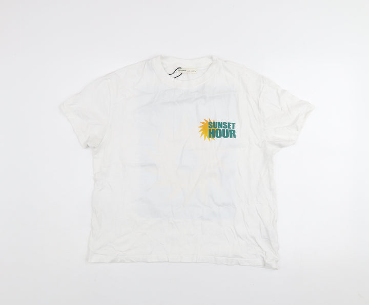 Pull&Bear Women’s White Sunset Hour Graphic T-Shirt Size S