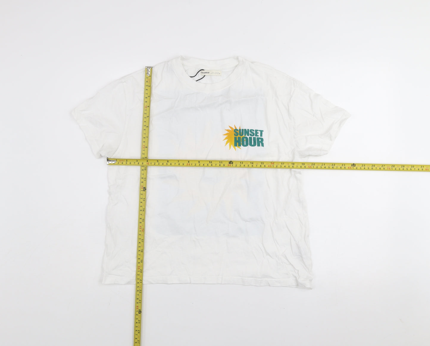 Pull&Bear Women’s White Sunset Hour Graphic T-Shirt Size S