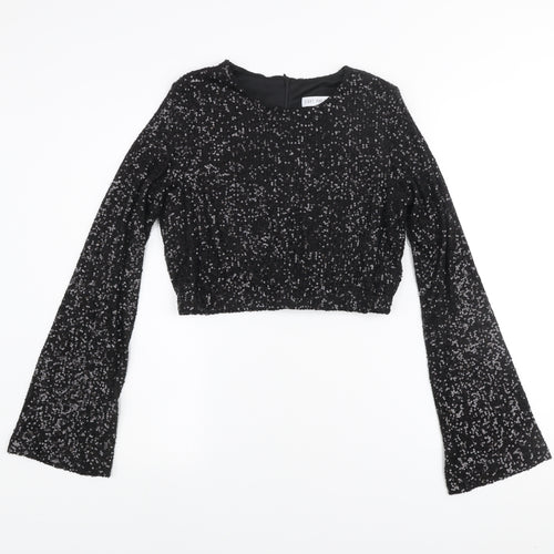 Eight Paris Women's Black Sequin Cropped Blouse Long Sleeve Size M
