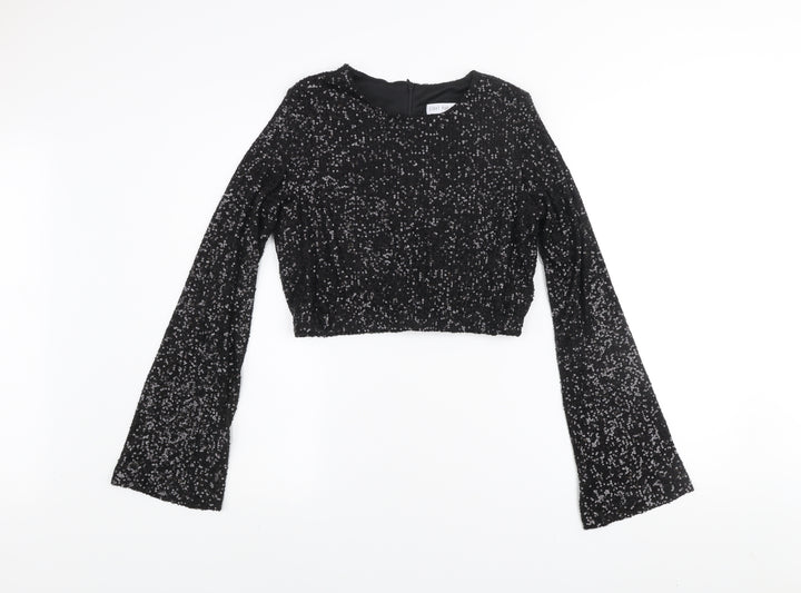 Eight Paris Women's Black Sequin Cropped Blouse Long Sleeve Size M