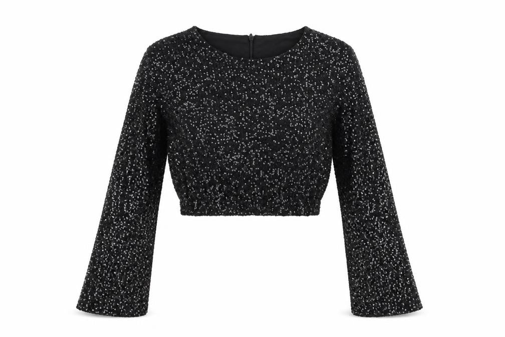 Front view of Eight Paris Women's Black Sequin Cropped Blouse Long Sleeve, size M