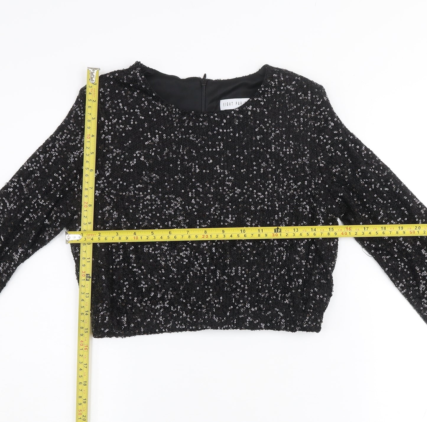 Eight Paris Women's Black Sequin Cropped Blouse Long Sleeve Size M