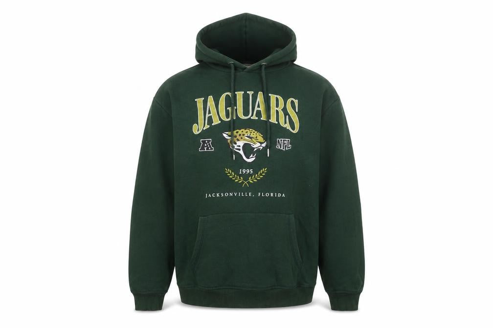 Front view of H&M Men's Green Jaguars NFL Pullover Hoodie, size S, Cotton Blend