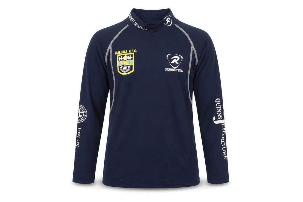 Front view of Rugbytech boys’ blue long sleeve rugby training top 12-13 years