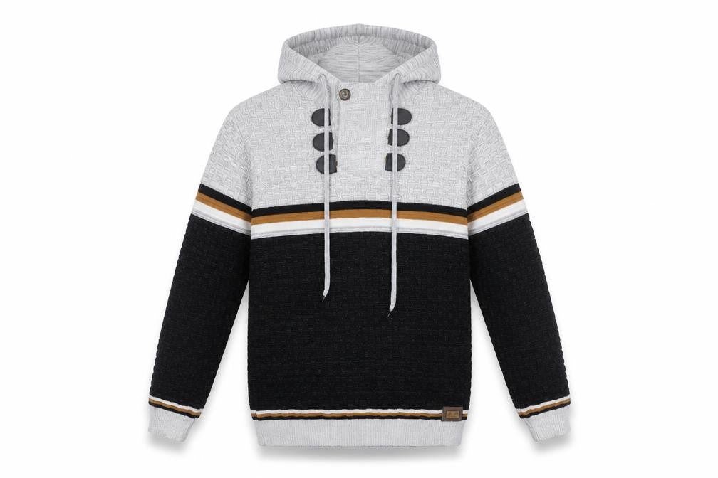 Front view of Club JU Men's Black Striped Knit Pullover Hoodie, size S