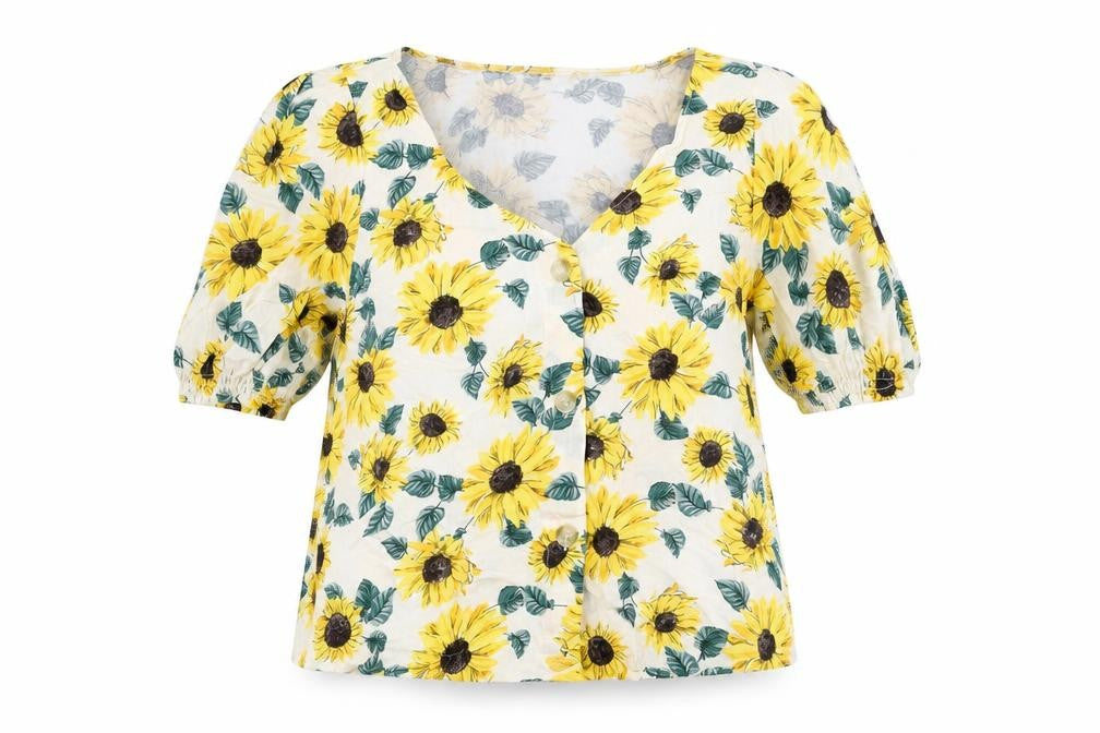 Front view of H&M Divided Women's Multicoloured Sunflower Blouse, size 12, Viscose Summer Top