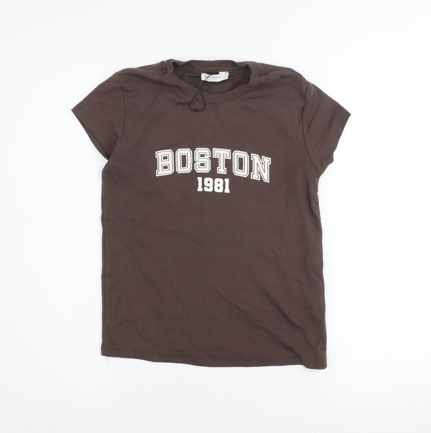 Stradivarius Women's Brown Cotton 'Boston 1981' T-Shirt Size 12