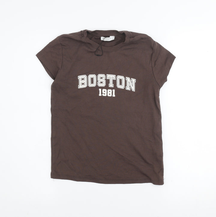 Stradivarius Women's Brown Cotton 'Boston 1981' T-Shirt Size 12
