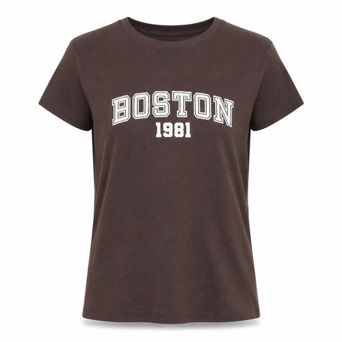 Stradivarius Women's Brown Cotton 'Boston 1981' T-Shirt Size 12