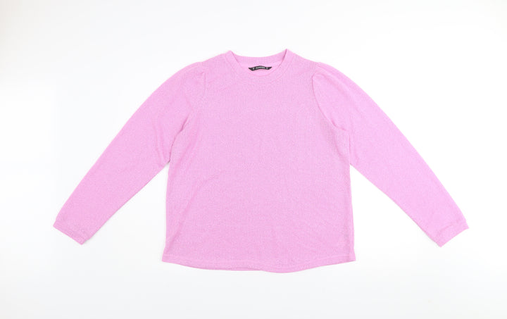 Dunnes Women's Pink Knit Crew Neck Puff Sleeve Jumper Size M