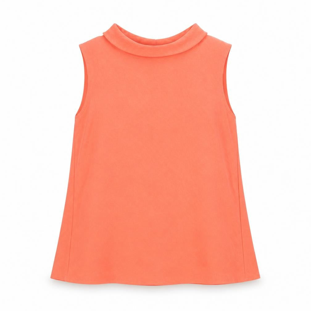 Front view of Gallery women’s orange sleeveless high neck bow blouse, size UK 14