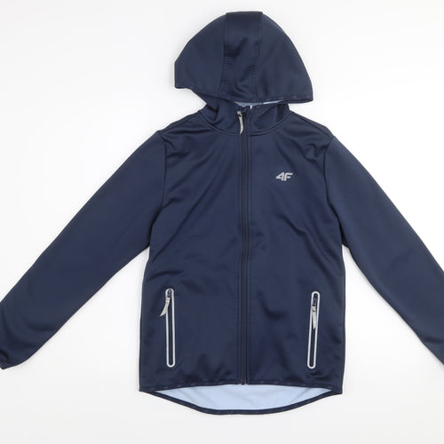 4F Boys Blue Softshell Hooded Jacket Size 158 Full Zip Water Resistant