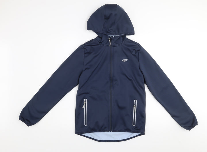 4F Boys Blue Softshell Hooded Jacket Size 158 Full Zip Water Resistant