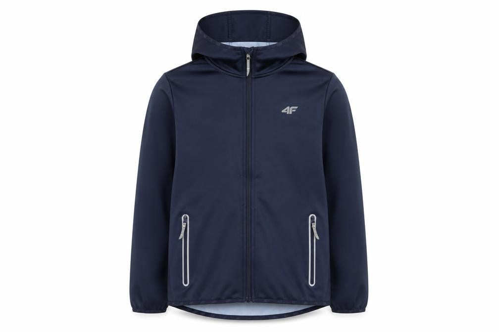 Front view of 4F boys’ blue softshell hooded jacket, size 158, full zip water resistant