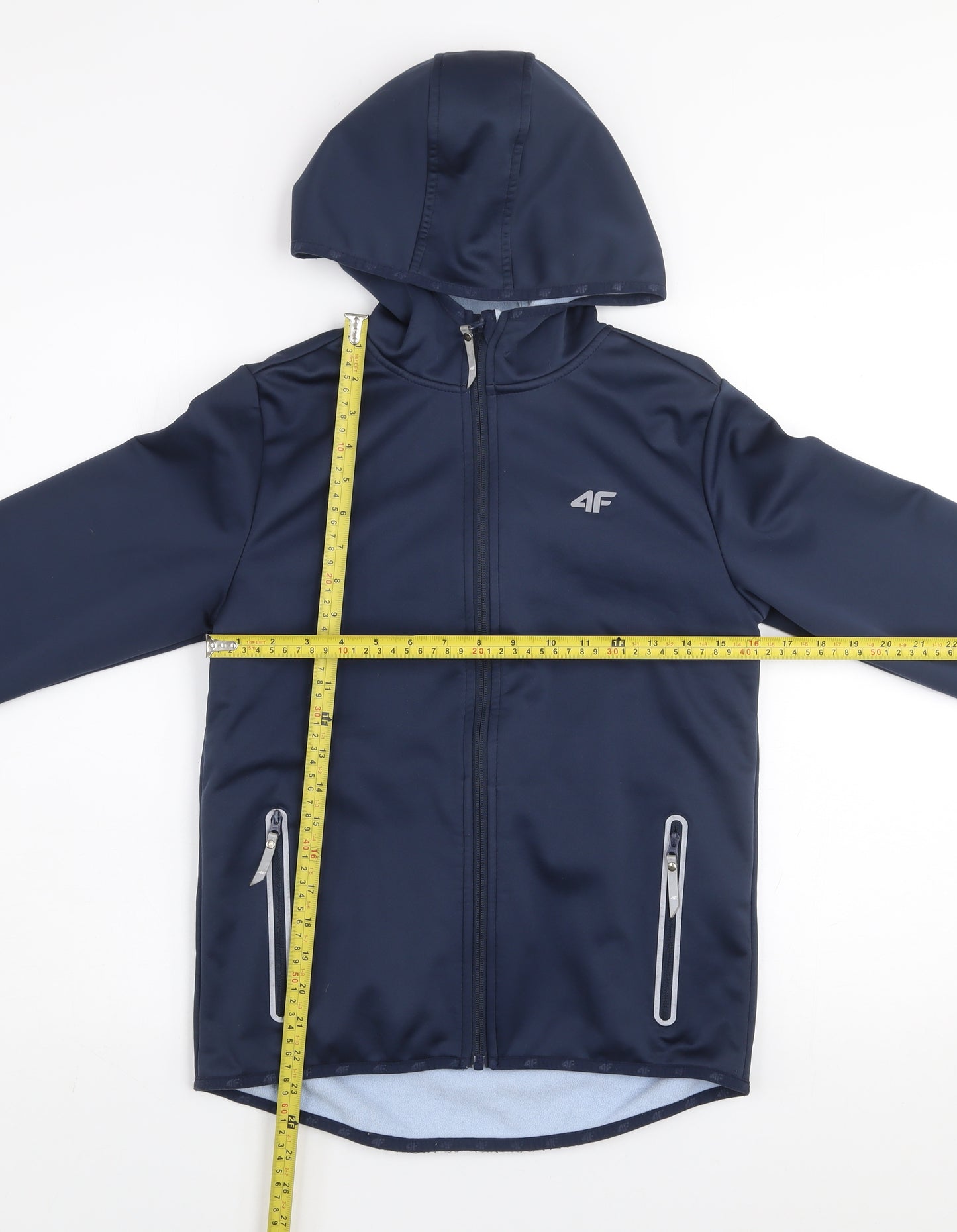 4F Boys Blue Softshell Hooded Jacket Size 158 Full Zip Water Resistant