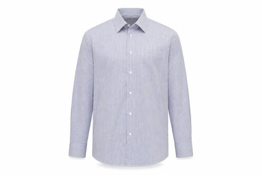 Front view of Dunnes Men's Blue Striped Regular Fit Long Sleeve Button-Up Shirt, size 15