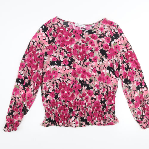 Gallery Women’s Floral Blouse Pink Black Viscose UK 12 Long Sleeve