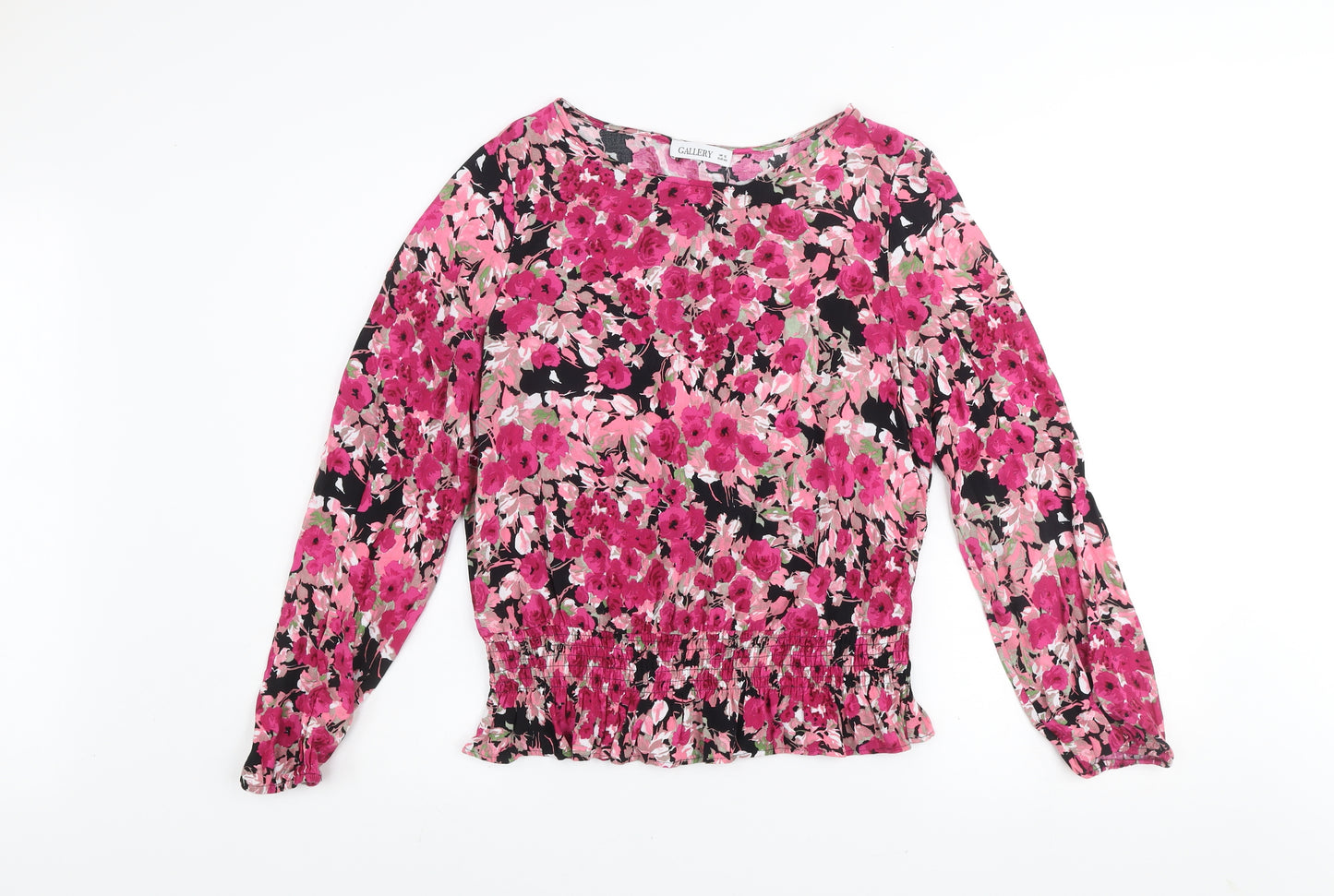 Gallery Women’s Floral Blouse Pink Black Viscose UK 12 Long Sleeve
