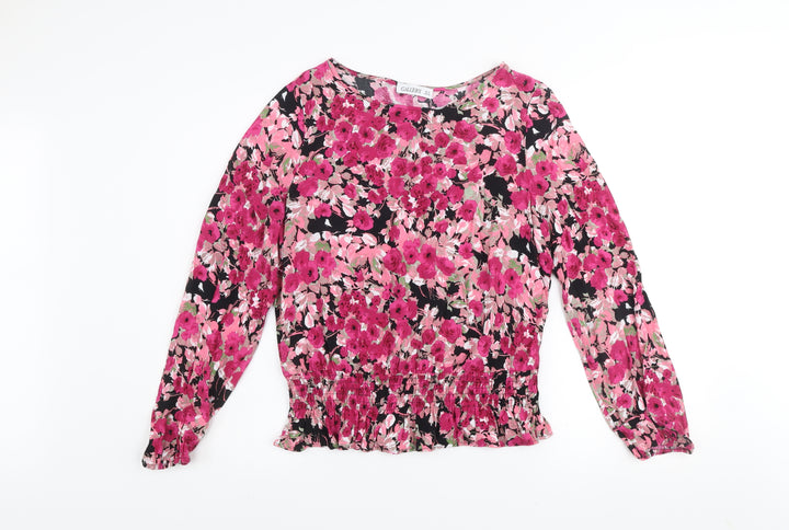 Gallery Women’s Floral Blouse Pink Black Viscose UK 12 Long Sleeve