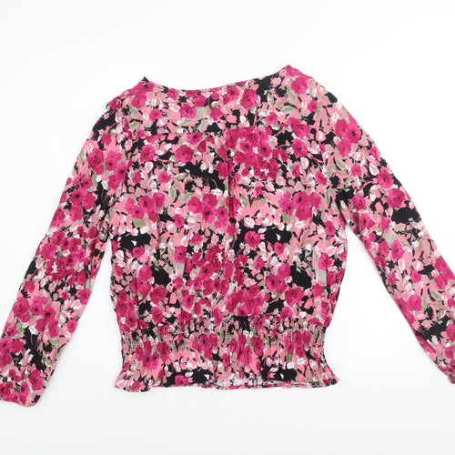 Gallery Women’s Floral Blouse Pink Black Viscose UK 12 Long Sleeve