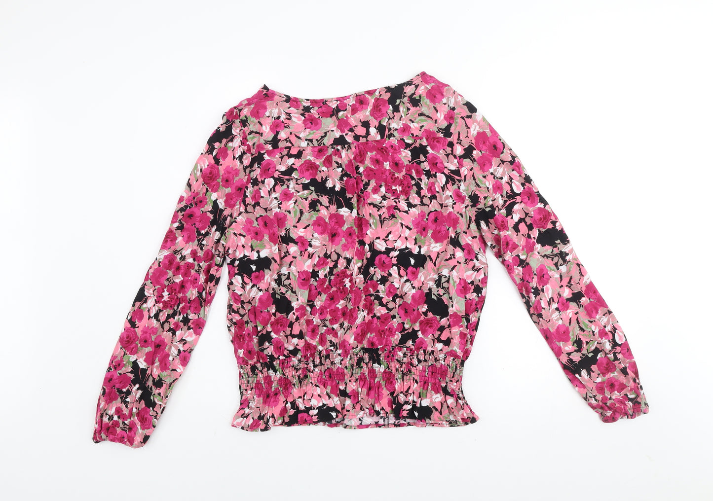 Gallery Women’s Floral Blouse Pink Black Viscose UK 12 Long Sleeve