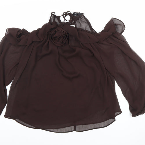 River Island Women's Brown Chiffon Cold Shoulder Ruffle Blouse Size 10