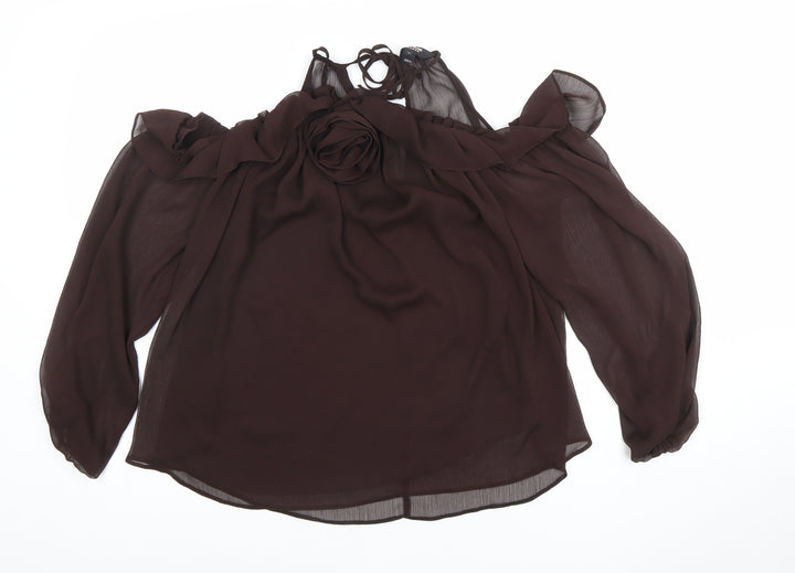 River Island Women's Brown Chiffon Cold Shoulder Ruffle Blouse Size 10