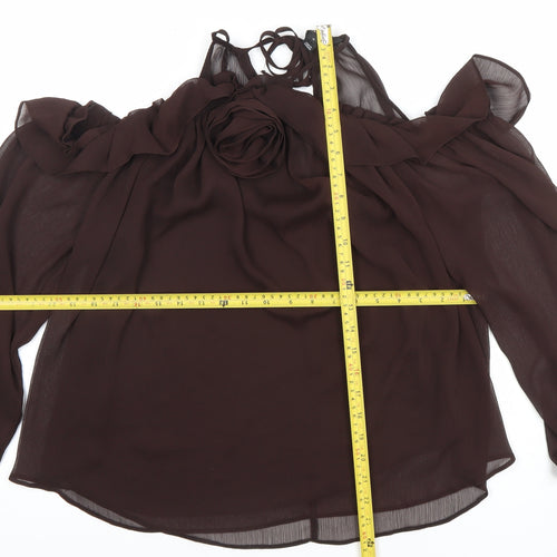 River Island Women's Brown Chiffon Cold Shoulder Ruffle Blouse Size 10