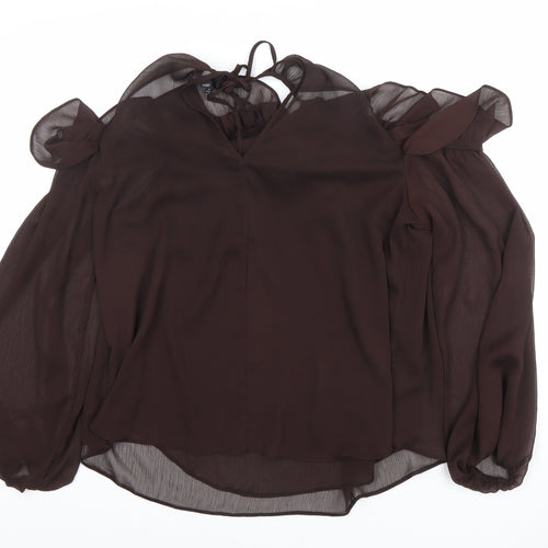 River Island Women's Brown Chiffon Cold Shoulder Ruffle Blouse Size 10