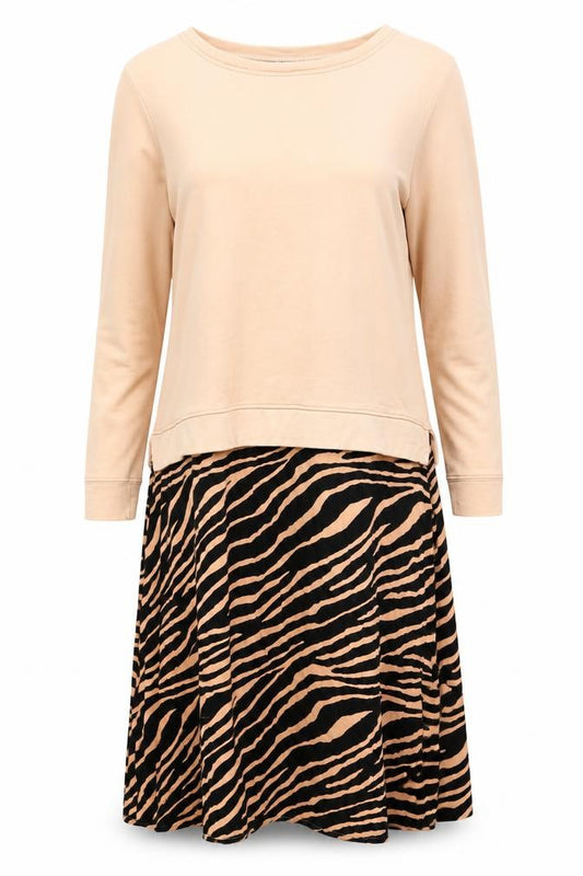 Front view of Gallery Women Beige & Black Animal Print Long Sleeve Skater Dress, size M